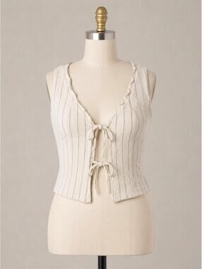 Kirious Los Angeles Linen Blend Tie Front Crop Top XS Cottagecore Boho Pinstripe